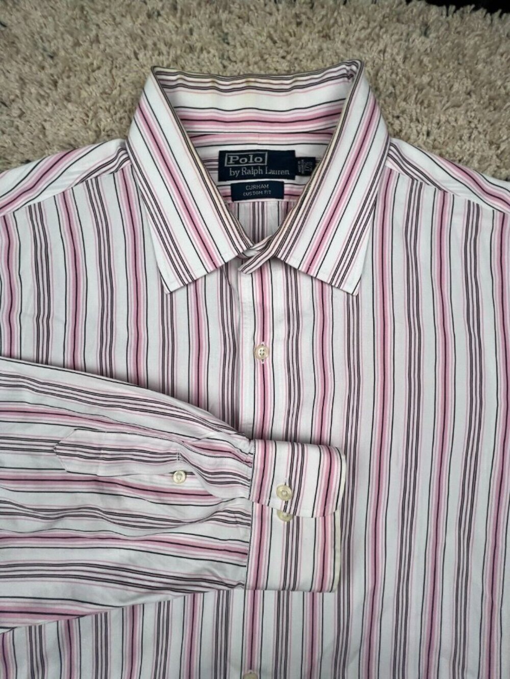 Polo Ralph Lauren Button Up Shirt 17.5 36/37 Striped Pink White Curham Custom